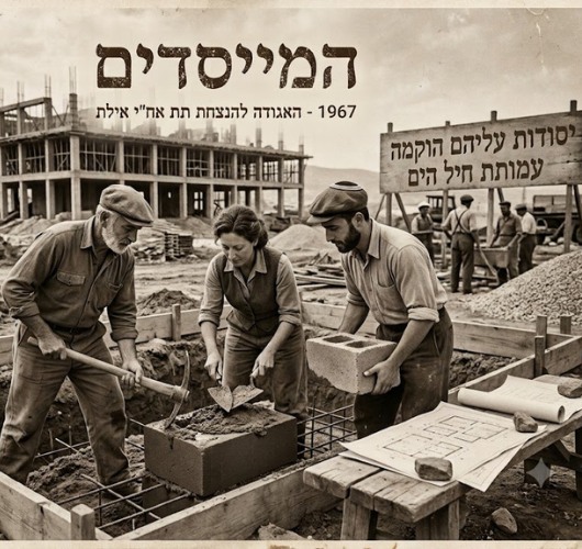 איור בגוני ספיה: פועלים מניחים יסודות של בניין, ושלט שכתוב עליו "יסודות עליהם הוקמה עמותת חיל הים". בראש התמונה הכותרת "המייסדים" ומתחתיה "1967 – האגודה להנצחת תת אח״י אילת"